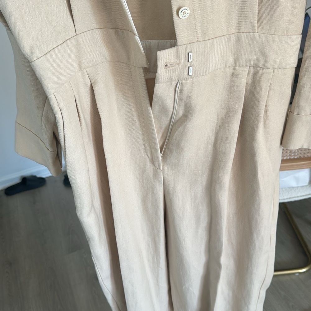 Sandro Uno Pleated Cotton And Linen-blend Twill Jumpsuit In Beige - Picture 11 of 11